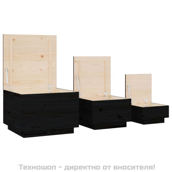 Кутии за съхранение с капаци 3 бр черни борова дървесина масив