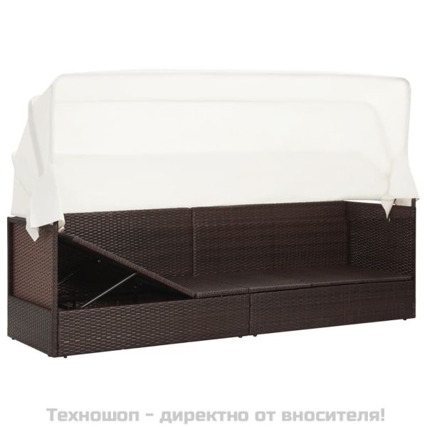 Градински диван със сенник, кафяв полиратан