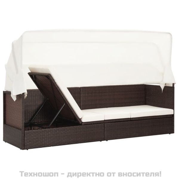 Градински диван със сенник, кафяв полиратан