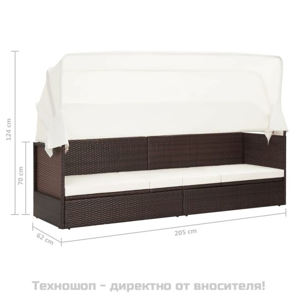 Градински диван със сенник, кафяв полиратан