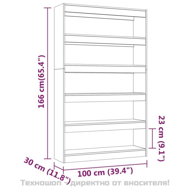 Библиотека/разделител за стая, сив сонома, 100x30x166 см
