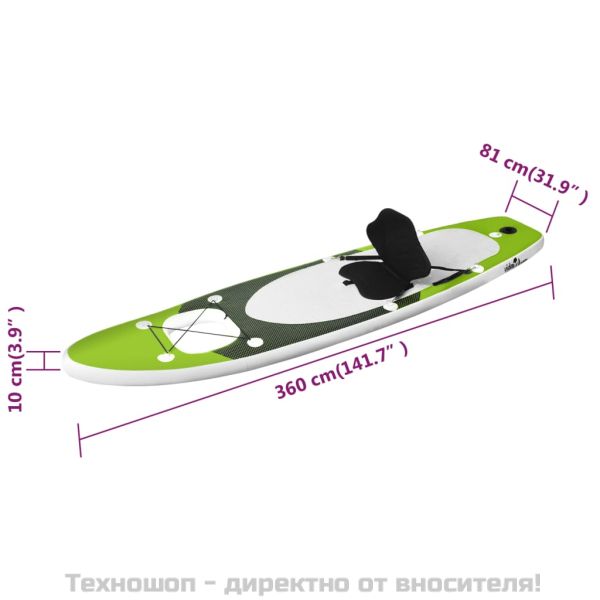 Комплект надуваем стендъп падълборд, зелен, 360x81x10 см
