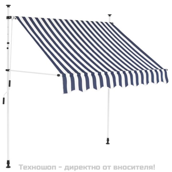 Ръчно прибиращ се сенник, 150 см, синьо и бяло