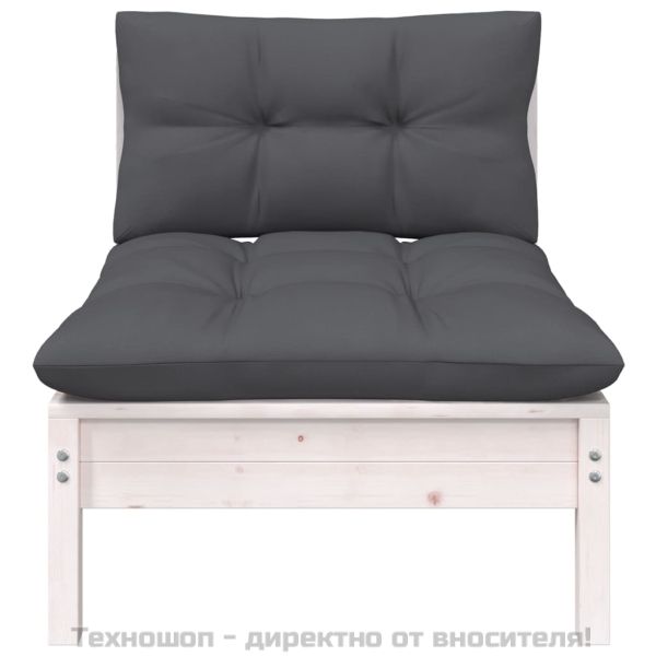 Градински лаундж комплект 3 части с възглавници бял бор масив