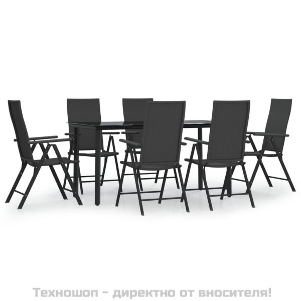 Градински трапезен комплект от 7 части, черно, полиратан