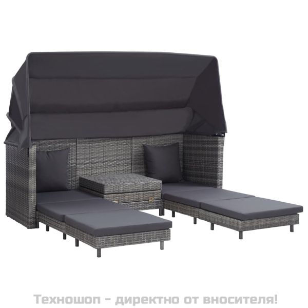 Разтегателен 3-местен диван с навес, полиратан, сив