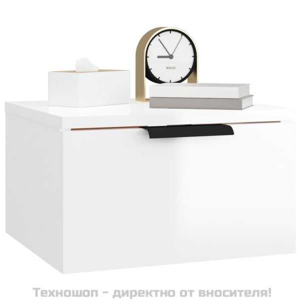 Нощно шкафче за стенен монтаж, бял гланц, 34x30x20 см