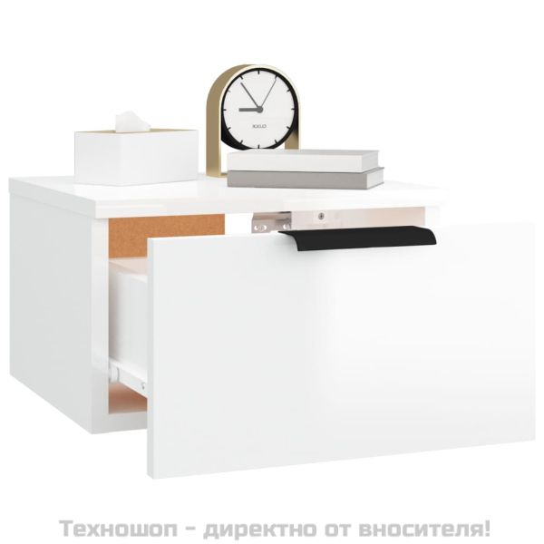 Нощно шкафче за стенен монтаж, бял гланц, 34x30x20 см