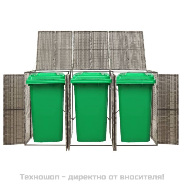 Троен навес за кошове за боклук сив 207x80x117 см полиратан