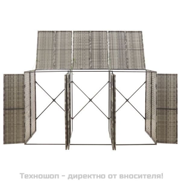 Троен навес за кошове за боклук сив 207x80x117 см полиратан