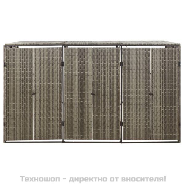 Троен навес за кошове за боклук сив 207x80x117 см полиратан