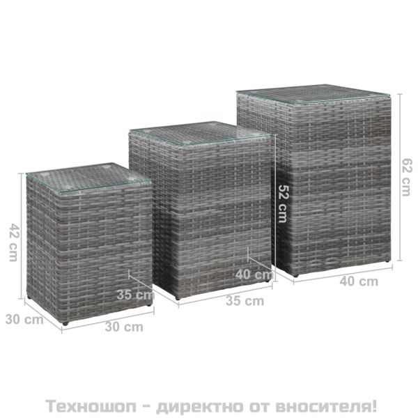 Странични маси, 3 бр, със стъклен плот, сиви, полиратан