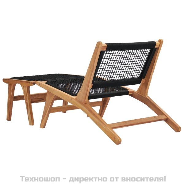 Шезлонг с подложка за крака, тиково дърво масив, въже