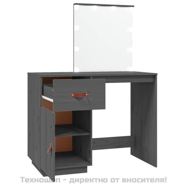 Тоалетка с LED, сива, 95x50x133,5 см, борово дърво масив