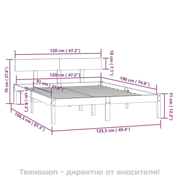 Рамка за легло, сива, бор масив, 120x190 см, Small Double