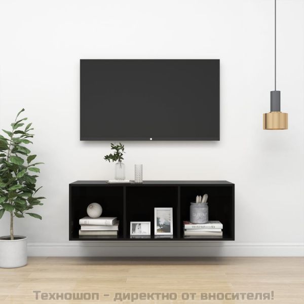 ТВ шкаф за стенен монтаж, черен гланц, 37x37x107 см