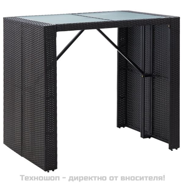 Градински бар комплект, 5 части, полиратан и стъкло, черен