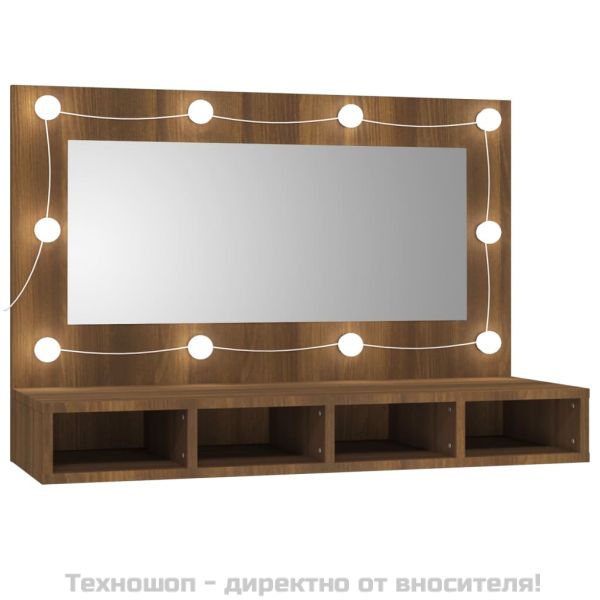 Огледален шкаф с LED, кафяв дъб, 90x31,5x62 см
