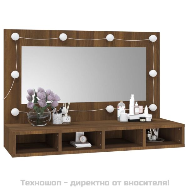 Огледален шкаф с LED, кафяв дъб, 90x31,5x62 см