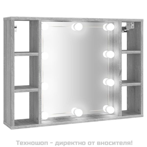 Огледален шкаф с LED,Сив сонома, 76x15x55 см