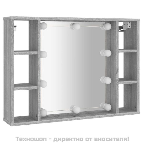 Огледален шкаф с LED,Сив сонома, 76x15x55 см