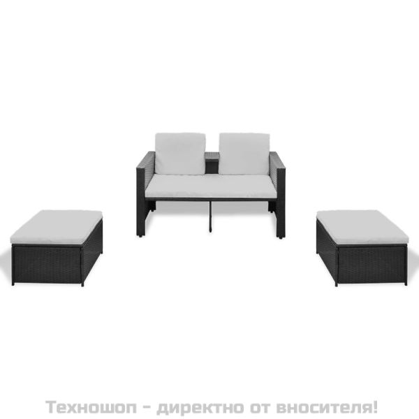 Градински комплект с възглавници, 4 части, черен полиратан