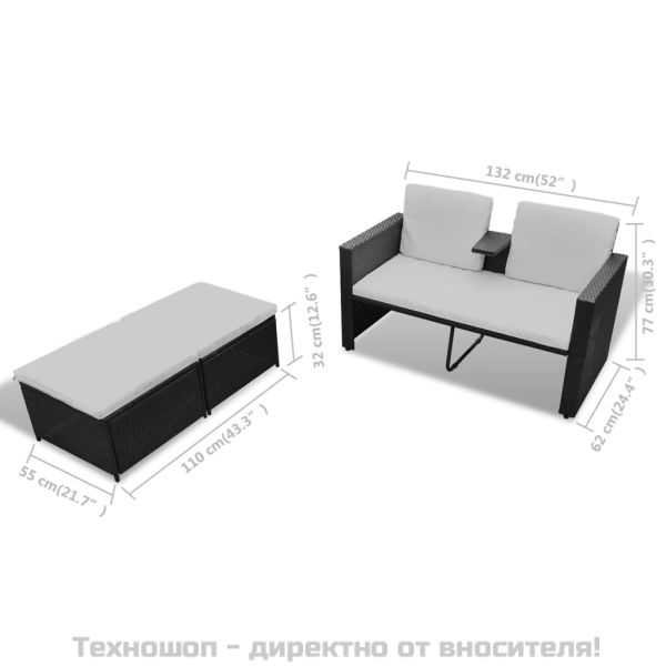 Градински комплект с възглавници, 4 части, черен полиратан