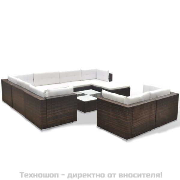 Градински комплект с възглавници, 10 части, кафяв полиратан