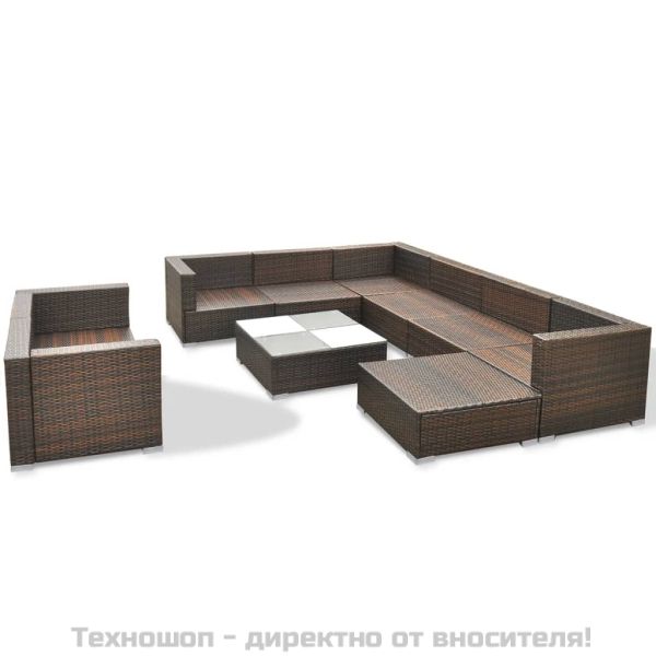 Градински комплект с възглавници, 10 части, кафяв полиратан