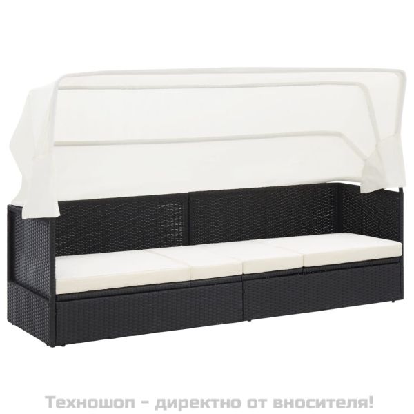 Градински диван със сенник, черен полиратан