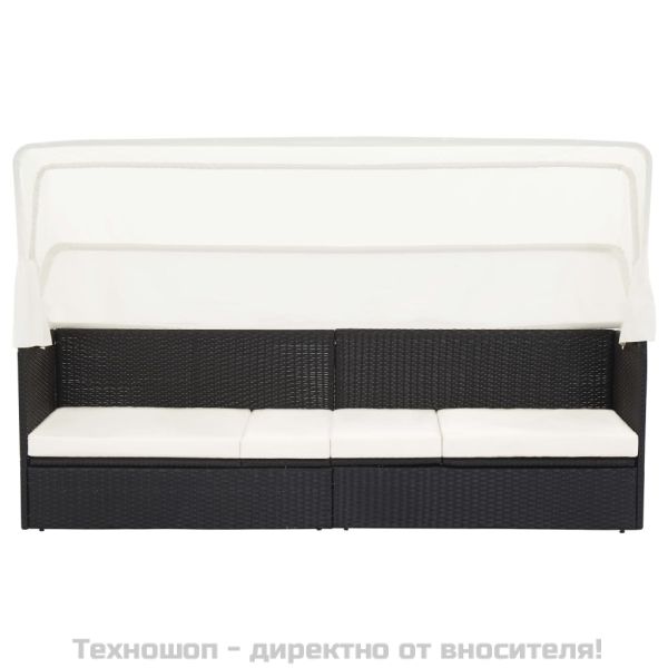 Градински диван със сенник, черен полиратан