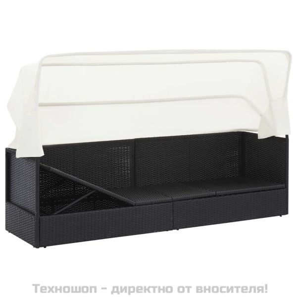 Градински диван със сенник, черен полиратан