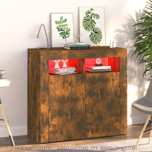 Сайдборд с LED светлини, oпушен дъб, 80x35x75 см