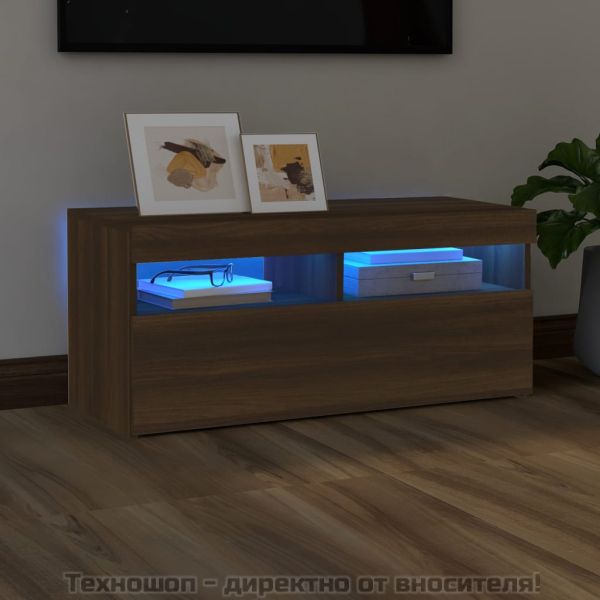 ТВ шкаф с LED осветление, кафяв дъб, 90x35x40 см