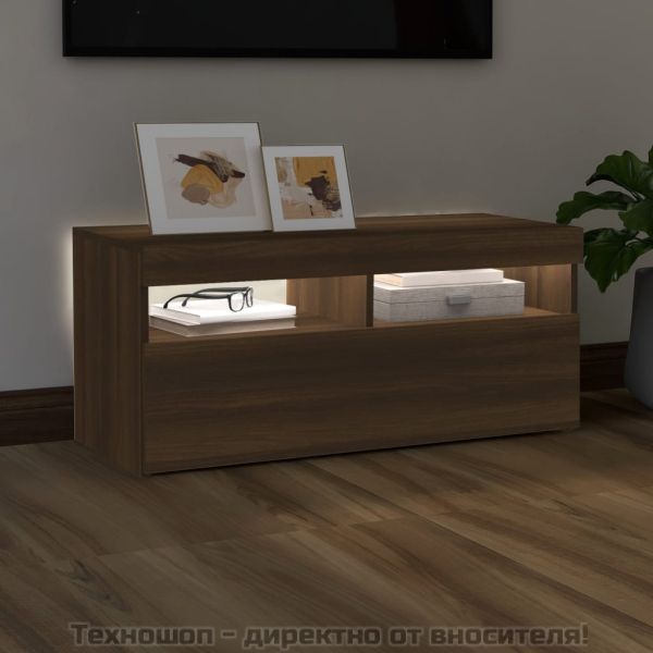 ТВ шкаф с LED осветление, кафяв дъб, 90x35x40 см