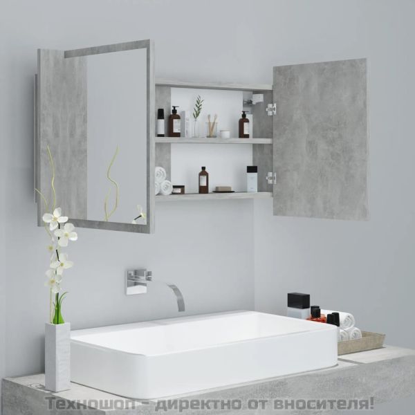 LED шкаф с огледало за баня, бетонно сив, 90x12x45 см, акрил