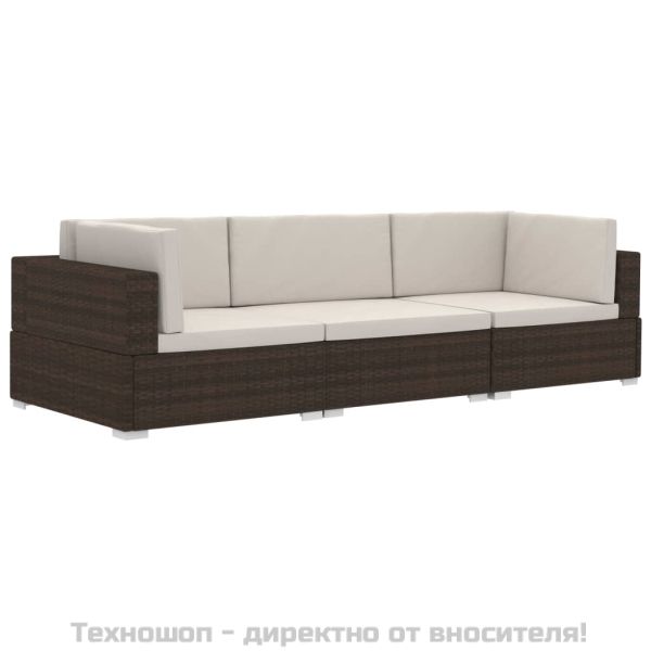 Градински комплект с възглавници, 3 части, кафяв полиратан