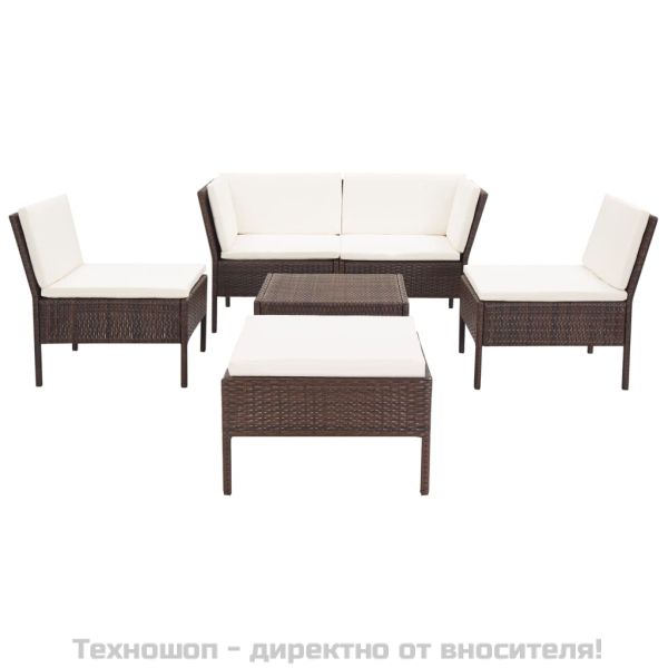 Градински комплект с възглавници, 6 части, кафяв полиратан