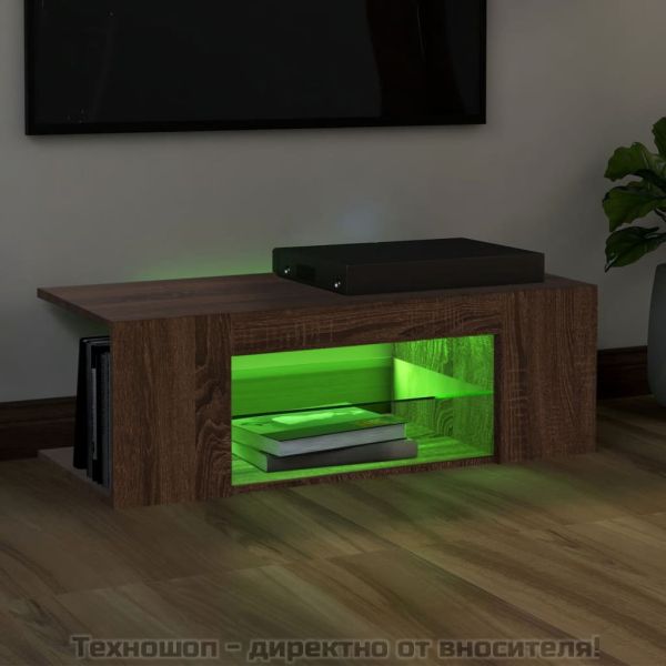 ТВ шкаф с LED осветление, кафяв дъб, 90x39x30 см