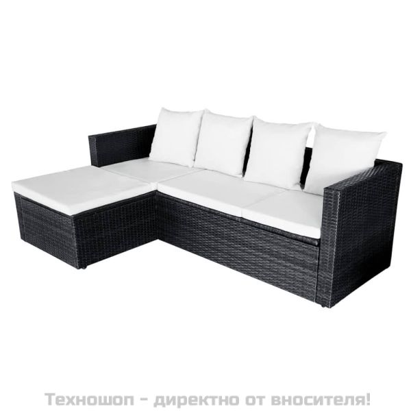 Градински комплект с възглавници, 4 части, черен полиратан