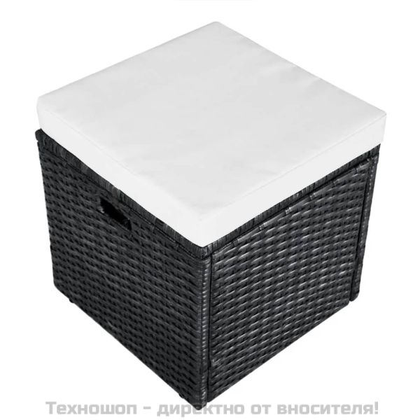 Градински комплект с възглавници, 4 части, черен полиратан