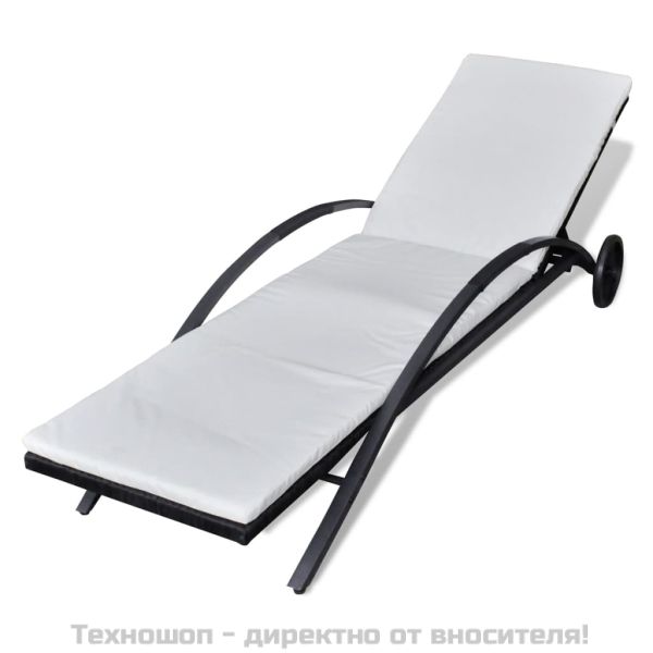 Шезлонг с шалте и колелца, черен полиратан