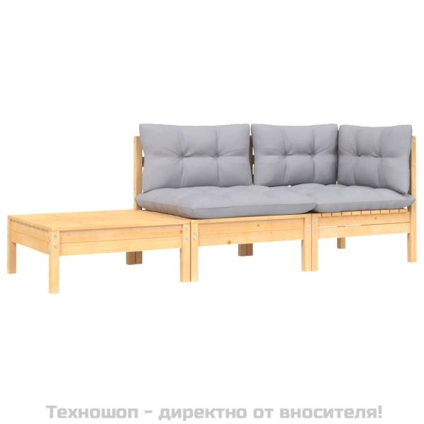 Градински лаундж комплект 3 части сиви възглавници бор масив