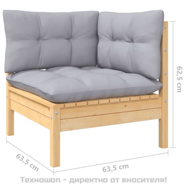 Градински лаундж комплект 3 части сиви възглавници бор масив