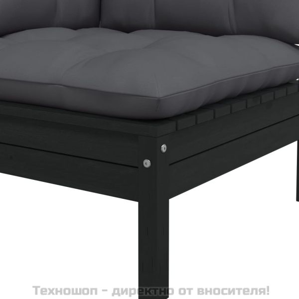 Градински комплект от 3 части, с възглавници, черен, бор масив