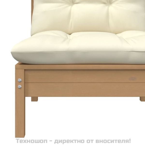 Градински среден диван с възгваници, меденокафяв, бор масив