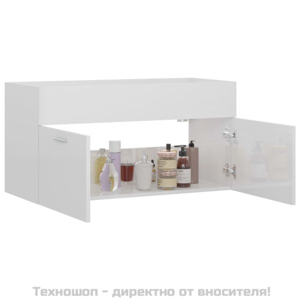 Долен шкаф за мивка, бял гланц, 90x38,5x46 см, инженерно дърво