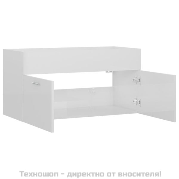 Долен шкаф за мивка, бял гланц, 90x38,5x46 см, инженерно дърво