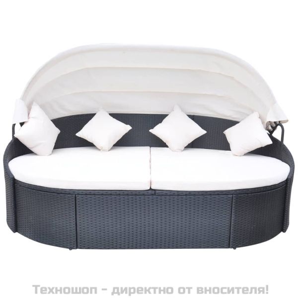 Градинско лаундж легло със сенник, полиратан, черно