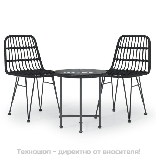 Градински трапезен комплект, 3 части, черен, полиратан